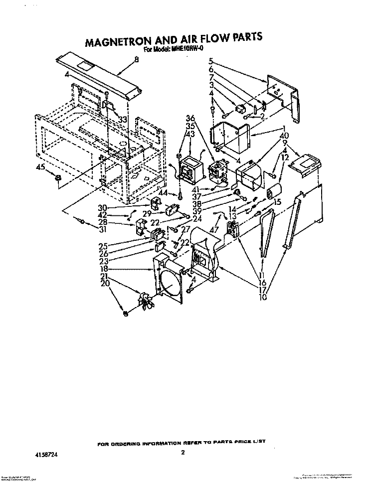 MAGNETRON AND AIR FLOW Diagram and Parts List for MHE10RW0  Roper Microwave