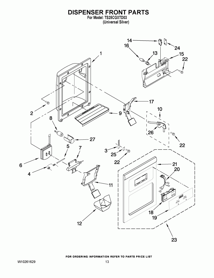DISPENSER FRONT PARTS Diagram and Parts List for TS25CGXTD03  Estate Refrigerator