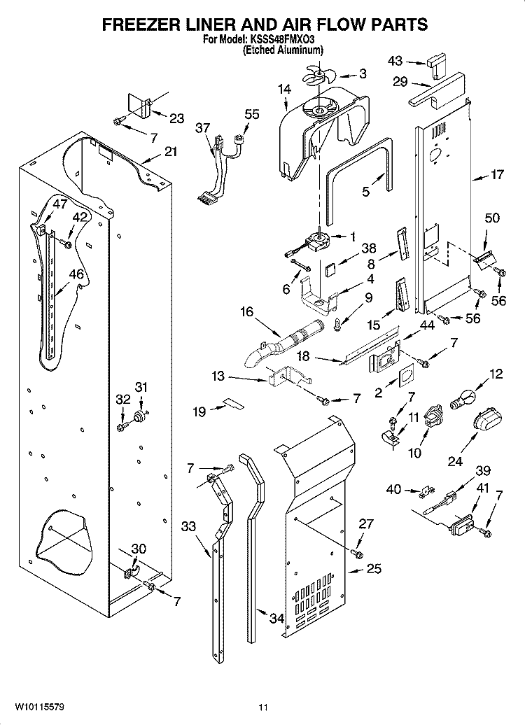 FREEZER LINER AND AIR FLOW PARTS Diagram and Parts List for KSSS48FMXO3  KitchenAid Refrigerator