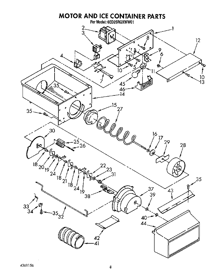 MOTOR AND ICE CONTAINER Diagram and Parts List for 6ED25RQXWW01  Whirlpool Refrigerator