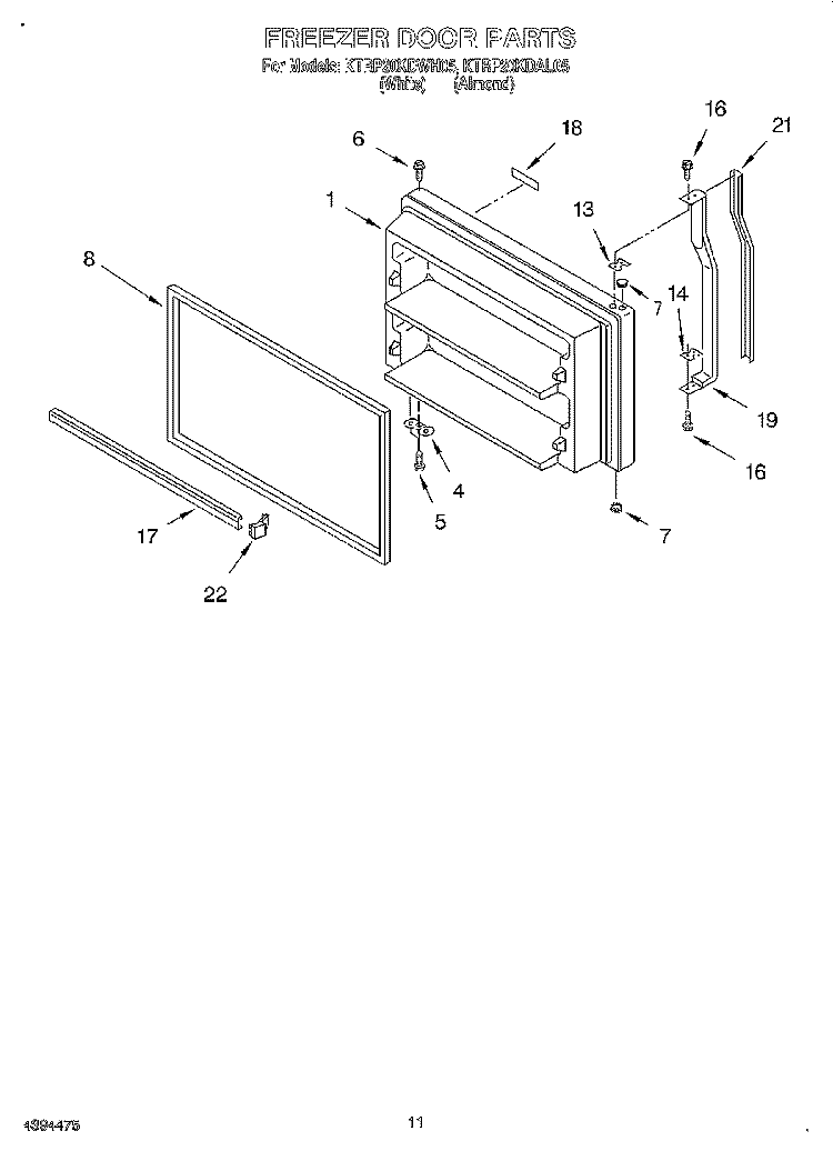 FREEZER DOOR, LIT/OPTIONAL Diagram and Parts List for KTRP20KDWH05  KitchenAid Refrigerator