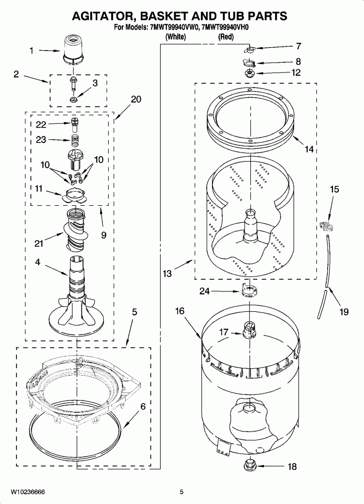 AGITATOR, BASKET AND TUB PARTS Diagram and Parts List for 7MWT99940VW0  Whirlpool Washer