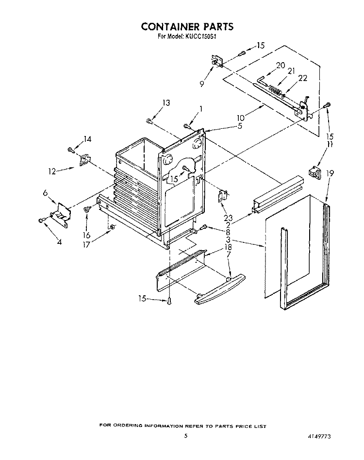 CONTAINER Diagram and Parts List for KUCC150S1  KitchenAid Trash Compactor