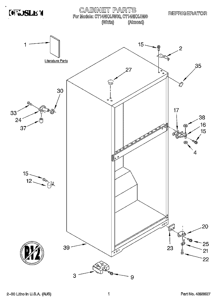 CABINET, LITERATURE Diagram and Parts List for CT14NKXJW00  Crosley Refrigerator