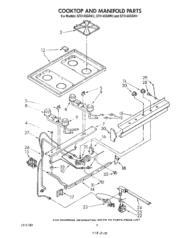 COOKTOP AND MANIFOLD , LITERATURE A Diagram and Parts List for SF0140SRW4  Whirlpool Range