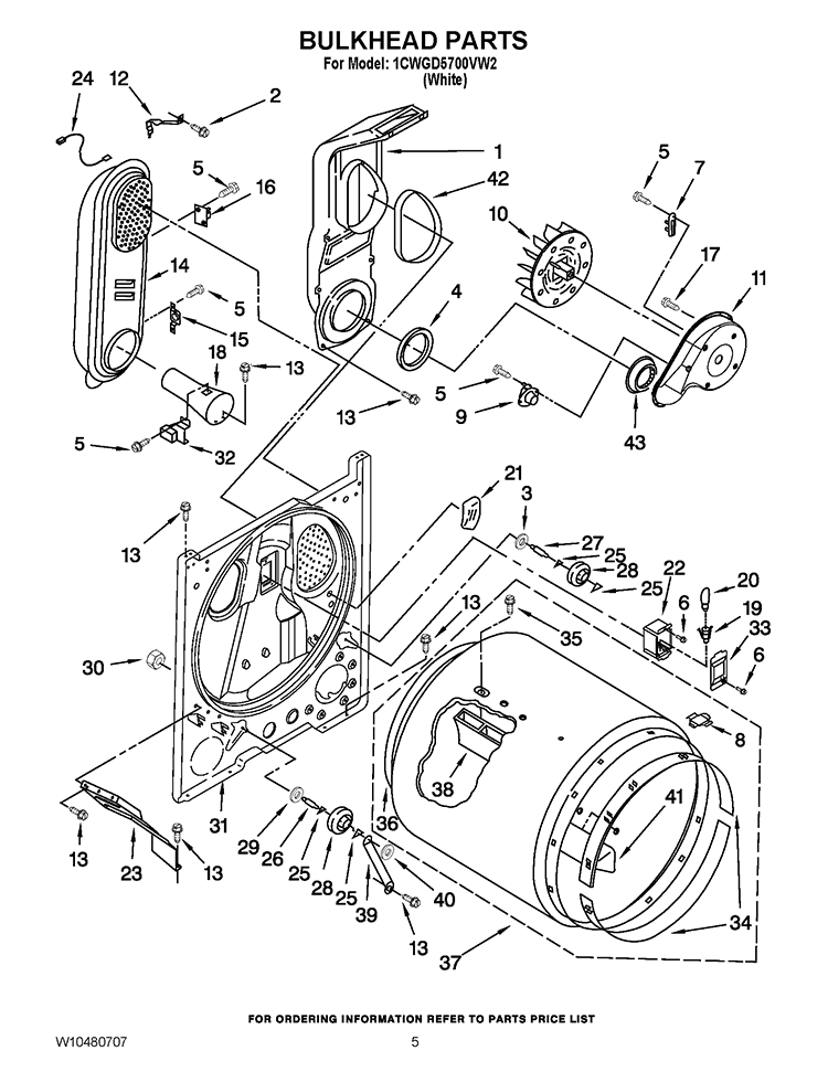 BULKHEAD PARTS Diagram and Parts List for 1CWGD5700VW2  Whirlpool Dryer