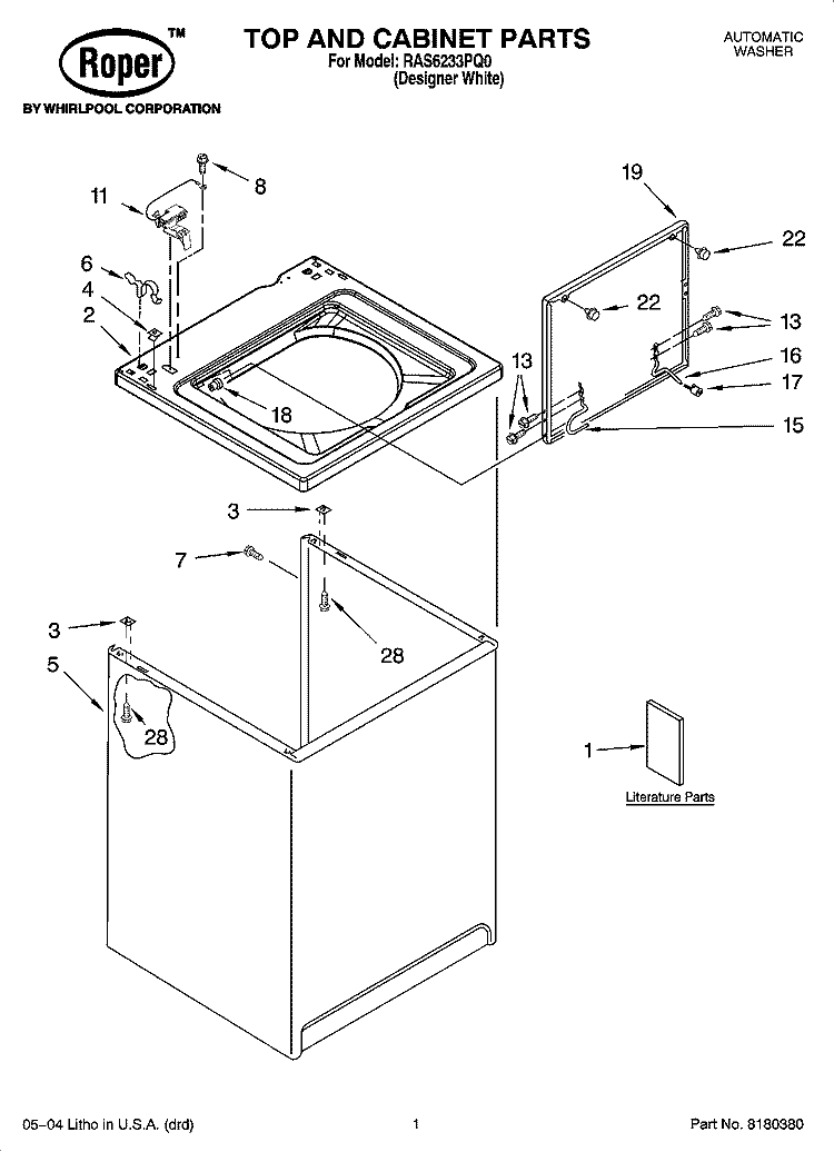 TOP AND CABINET PARTS Diagram and Parts List for RAS6233PQ0  Roper Washer