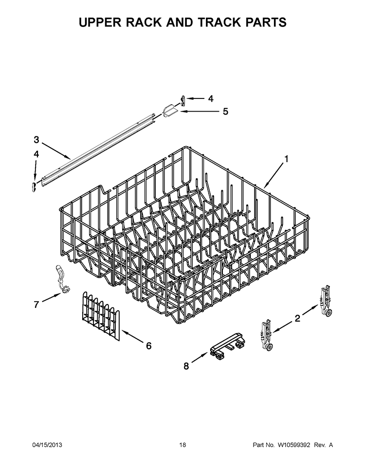 UPPER RACK AND TRACK PARTS Diagram and Parts List for WDF530PAYW5  Whirlpool Dishwasher