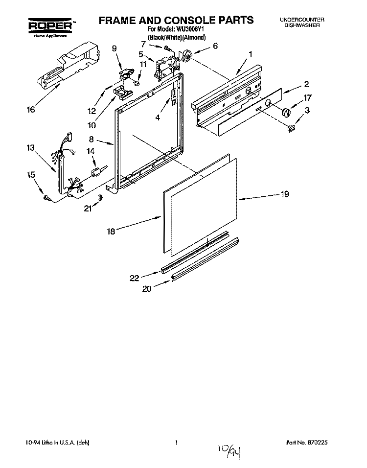 FRAME AND CONSOLE Diagram and Parts List for WU3006Y1  Roper Dishwasher