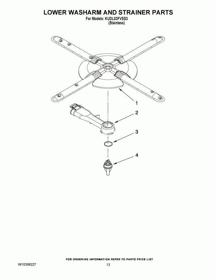 LOWER WASHARM AND STRAINER PARTS Diagram and Parts List for KUDL03FVSS3  KitchenAid Dishwasher