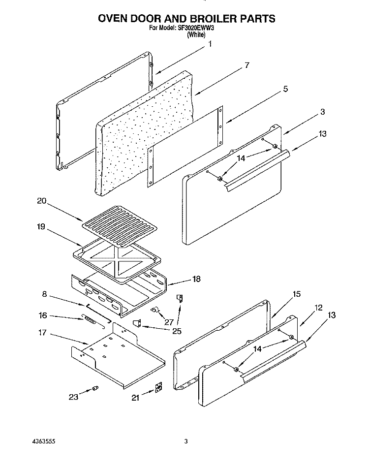 OVEN DOOR AND BROILER Diagram and Parts List for SF3020EWW3  Whirlpool Range