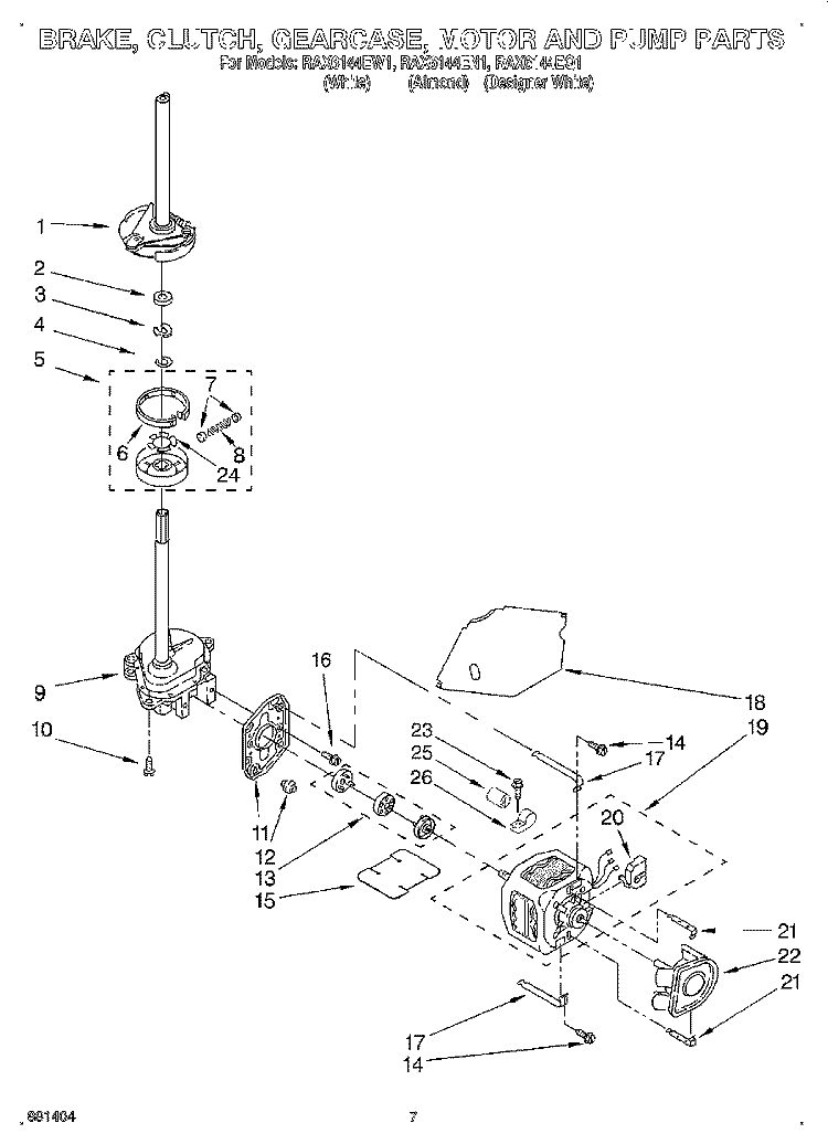 BRAKE, CLUTCH, GEARCASE, MOTOR AND PUMP Diagram and Parts List for RAX6144EQ1  Roper Washer
