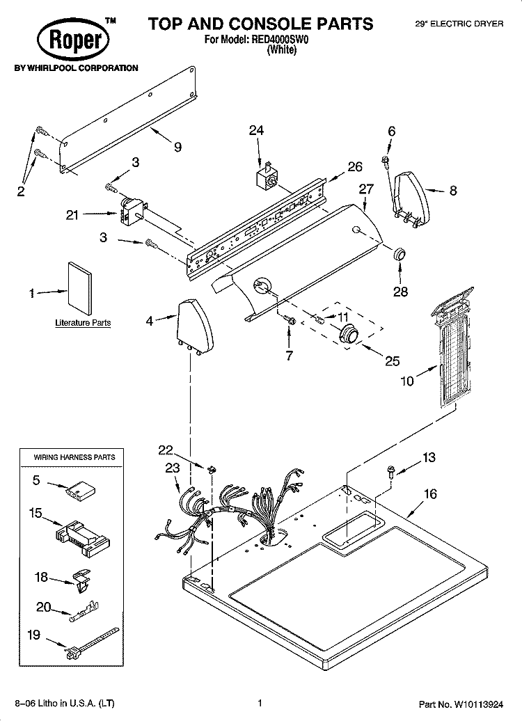 TOP AND CONSOLE PARTS Diagram and Parts List for RED4000SW0  Roper Dryer