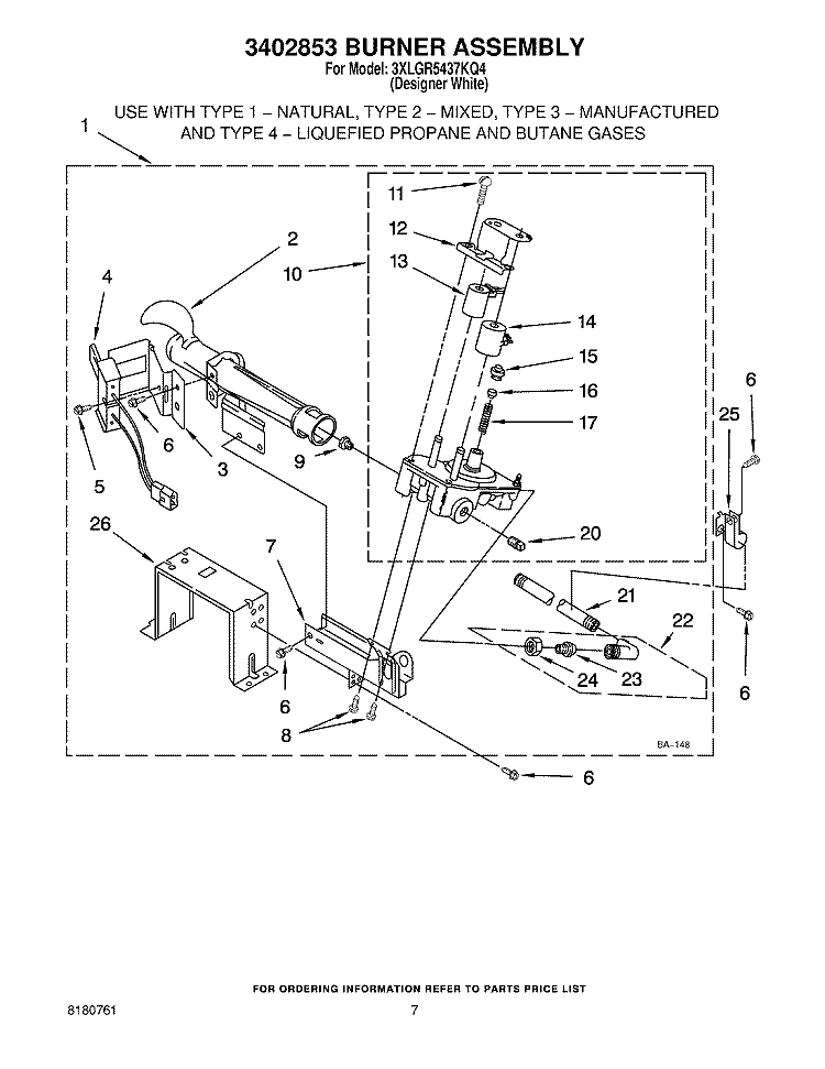 BURNER ASSEMBLY - OPTIONAL PARTS Diagram and Parts List for 3XLGR5437KQ4  Whirlpool Dryer