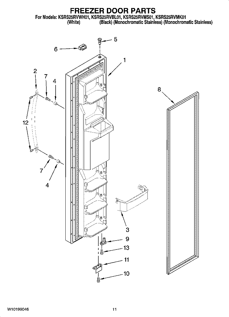 FREEZER DOOR PARTS Diagram and Parts List for KSRS25RVBL01  KitchenAid Refrigerator