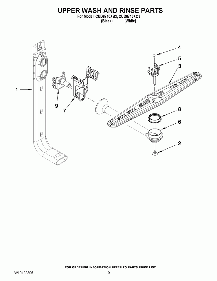 UPPER WASH AND RINSE PARTS Diagram and Parts List for CUD6710XB3  Whirlpool Dishwasher