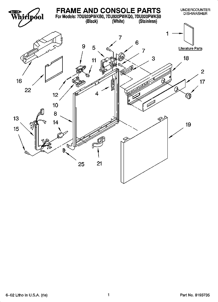 FRAME AND CONSOLE PARTS Diagram and Parts List for 7DU920PWKQ0  Whirlpool Dishwasher