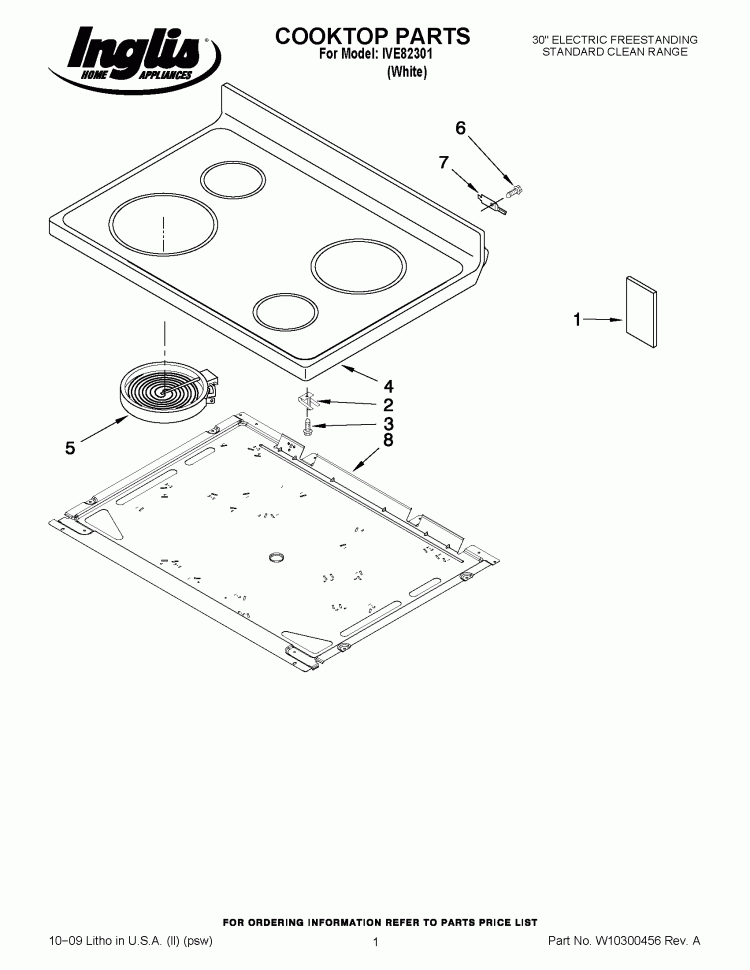 COOKTOP PARTS Diagram and Parts List for IVE82301  Inglis Range