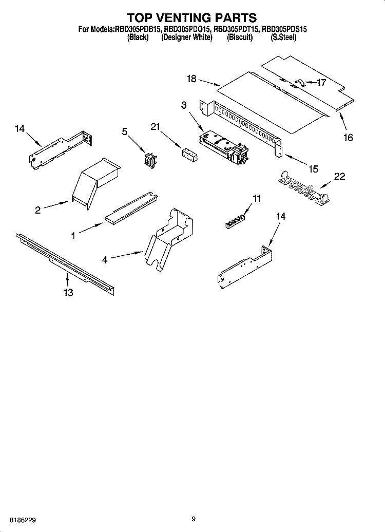 TOP VENTING PARTS, OPTIONAL PARTS Diagram and Parts List for RBD305PDS15  Whirlpool Wall Oven