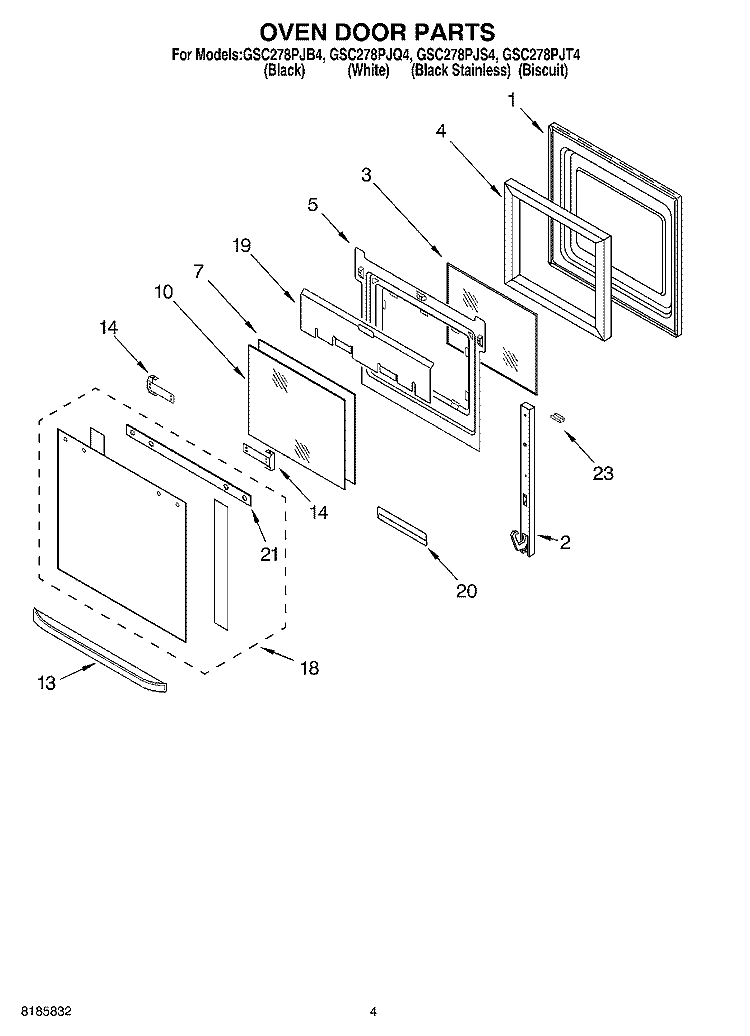 OVEN DOOR Diagram and Parts List for GSC278PJS4  Whirlpool Microwave Oven Combo