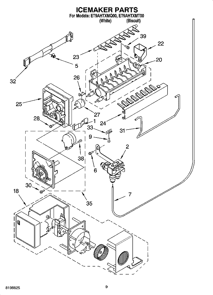ICEMAKER PARTS Diagram and Parts List for ET9AHTXMT00  Whirlpool Refrigerator