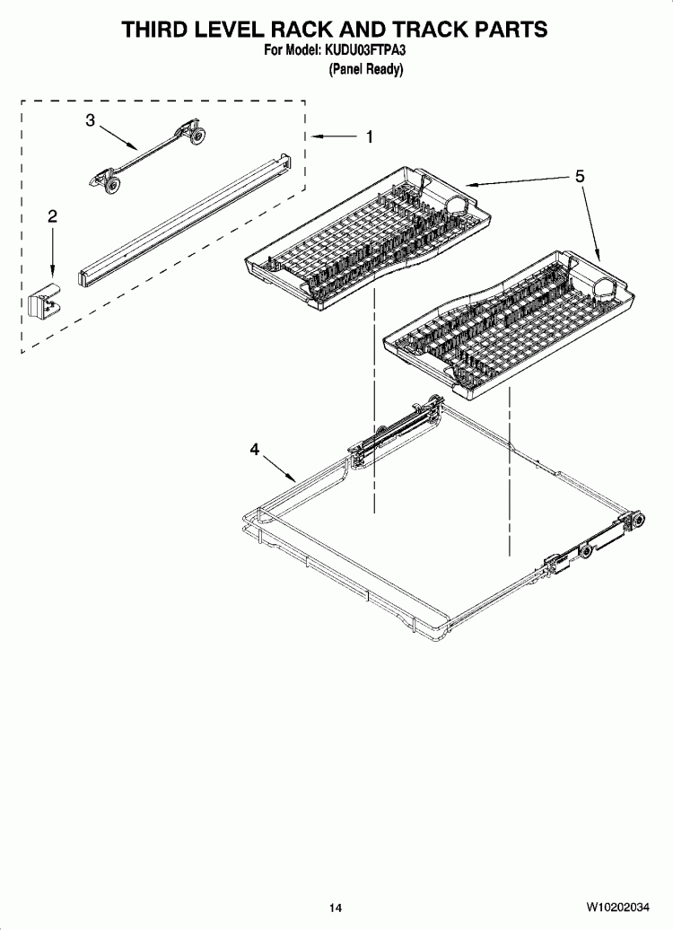 THIRD LEVEL RACK AND TRACK PARTS Diagram and Parts List for KUDU03FTPA3  KitchenAid Dishwasher