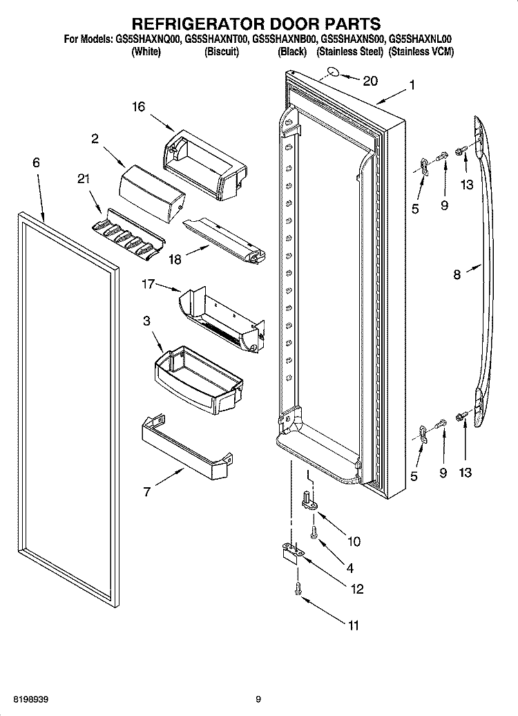 REFRIGERATOR DOOR PARTS Diagram and Parts List for GS5SHAXNQ00  Whirlpool Refrigerator