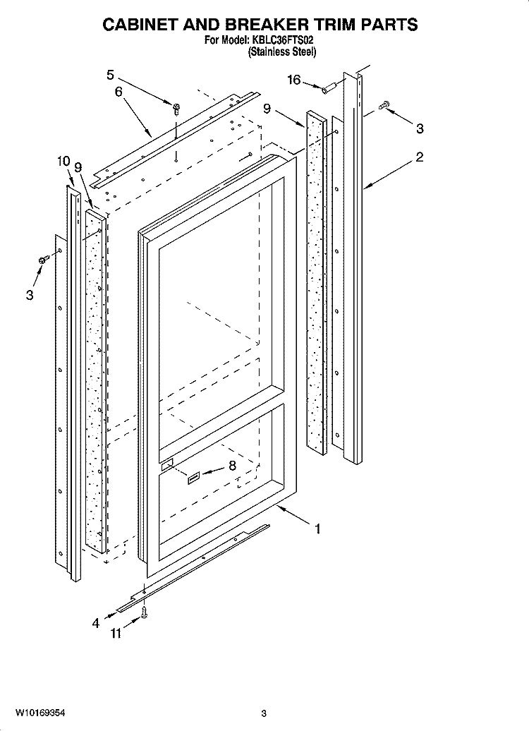 CABINET AND BREAKER TRIM PARTS Diagram and Parts List for KBLC36FTS02  KitchenAid Refrigerator