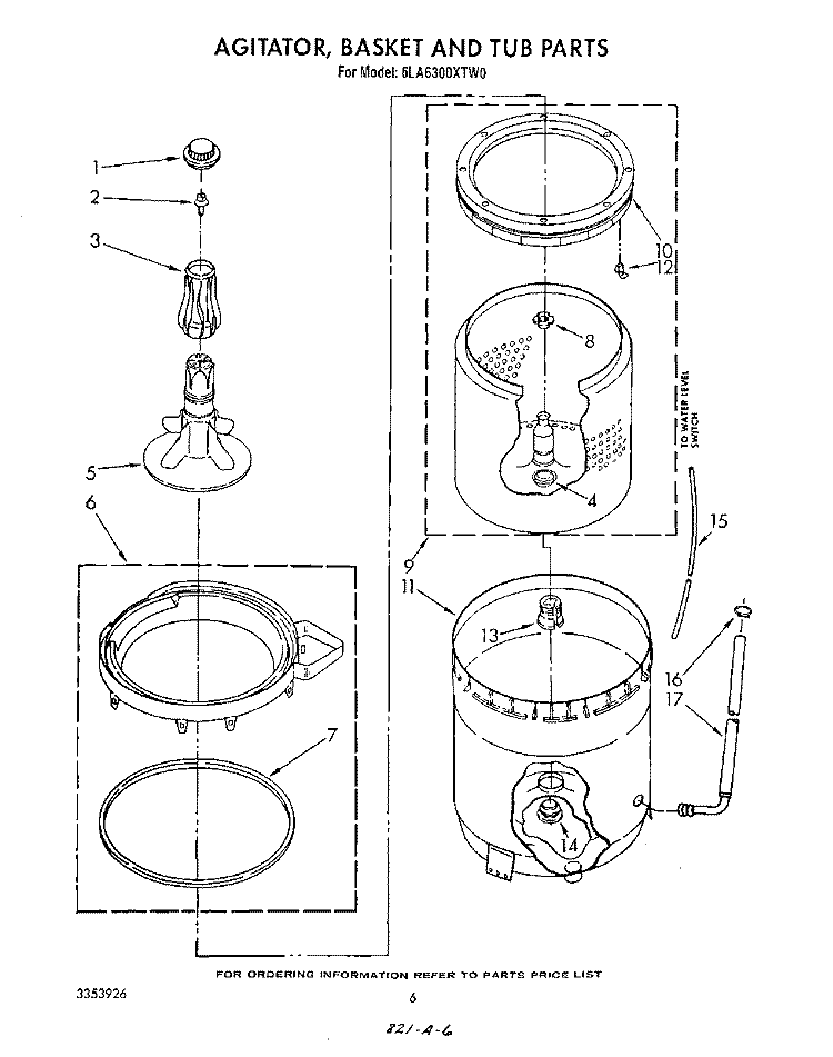 AGITATOR, BASKET AND TUB Diagram and Parts List for 6LA6300XTW0  Whirlpool Washer
