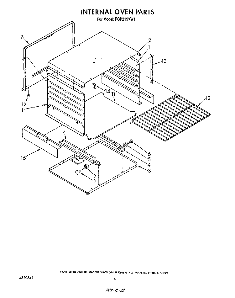 INTERNAL OVEN Diagram and Parts List for FGP215VW1  Roper Range
