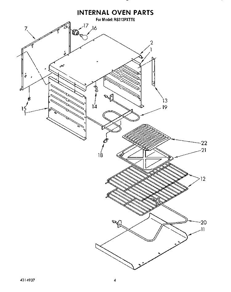 INTERNAL OVEN Diagram and Parts List for RS313PXTT0  Whirlpool Range