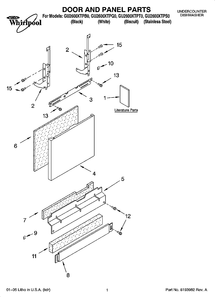 DOOR AND PANEL PARTS Diagram and Parts List for GU2600XTPQ0  Whirlpool Dishwasher
