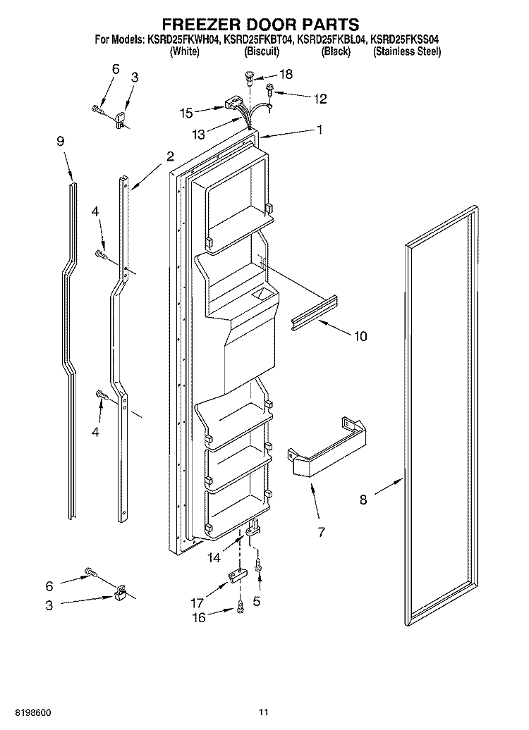 FREEZER DOOR PARTS Diagram and Parts List for KSRD25FKWH04  KitchenAid Refrigerator