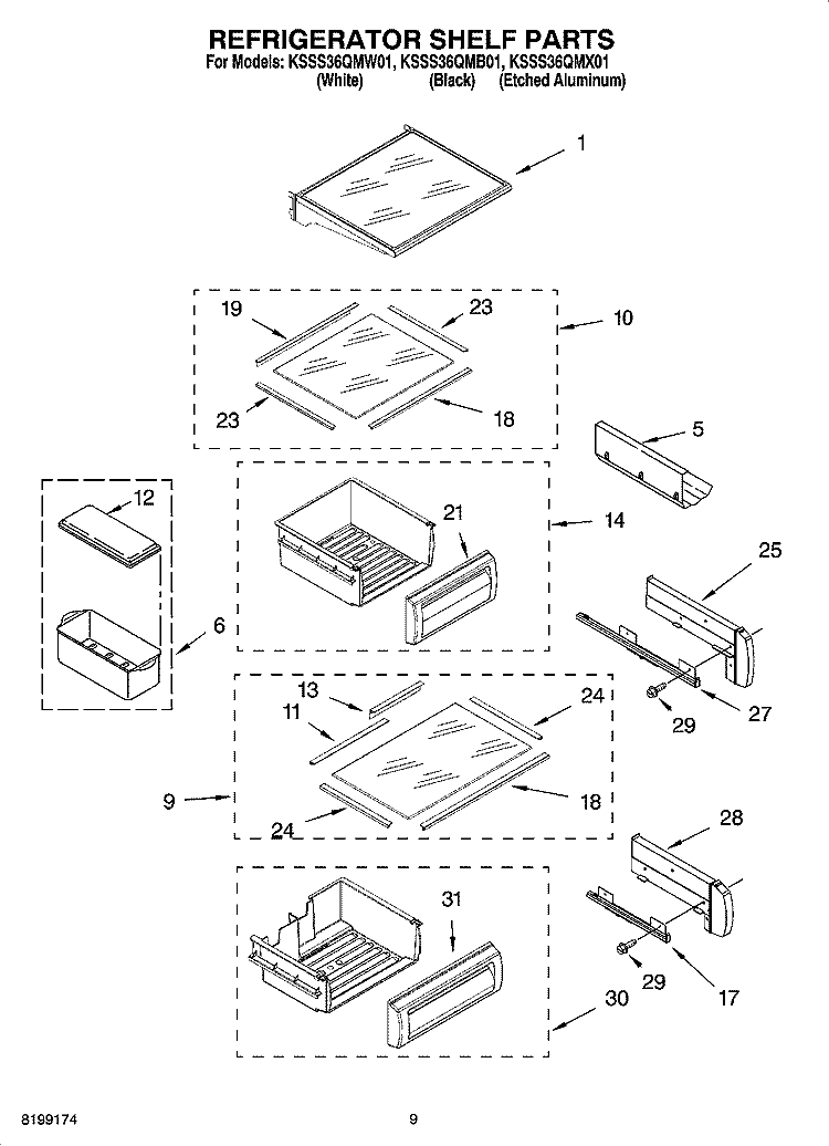REFRIGERATOR SHELF PARTS Diagram and Parts List for KSSS36QMB01  KitchenAid Refrigerator