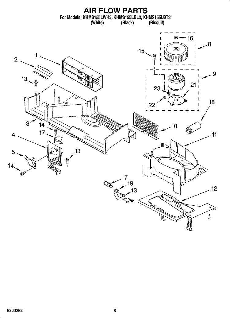 AIR FLOW PARTS Diagram and Parts List for KHMS155LWH3  KitchenAid Microwave