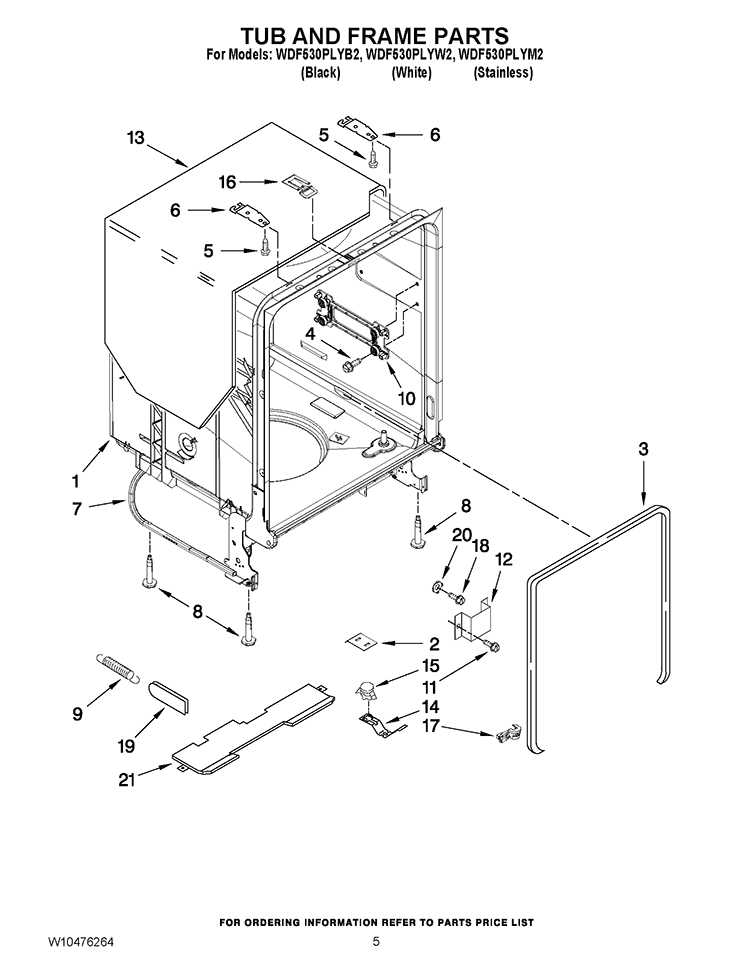TUB AND FRAME PARTS Diagram and Parts List for WDF530PLYB2  Whirlpool Dishwasher