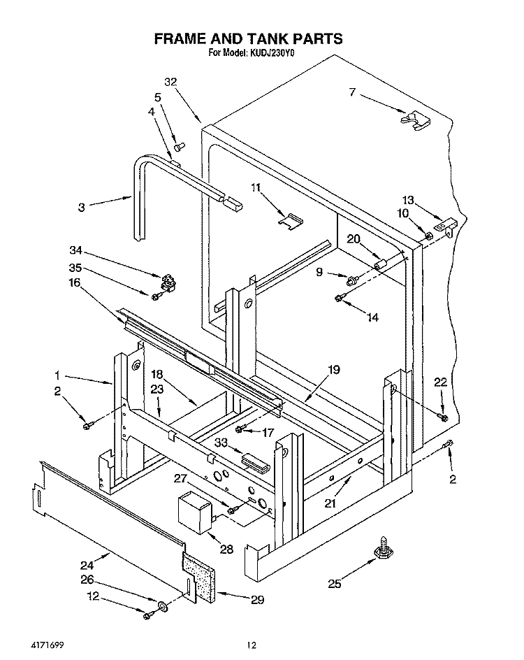 FRAME AND TANK Diagram and Parts List for KUDJ230Y0  KitchenAid Dishwasher