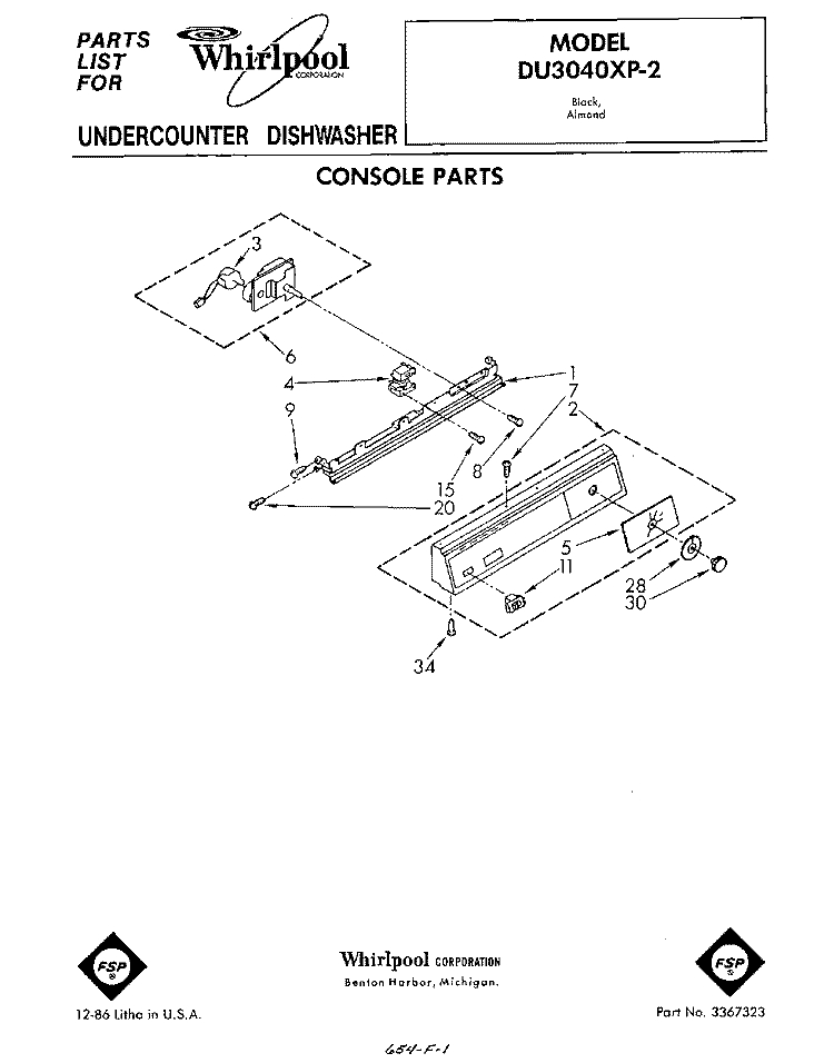CONSOLE Diagram and Parts List for DU3040XP2  Whirlpool Dishwasher