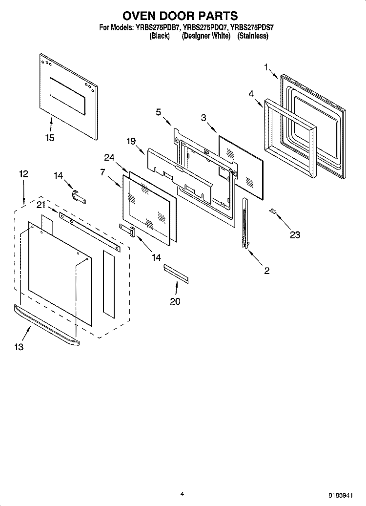 OVEN DOOR PARTS Diagram and Parts List for YRBS275PDQ7  Whirlpool Wall Oven