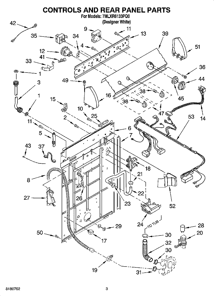 CONTROLS AND REAR PANEL PARTS Diagram and Parts List for 7MLXR6133PQ0  Whirlpool Washer