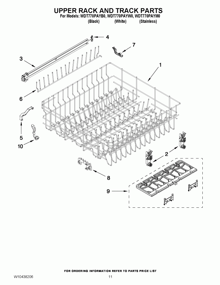 UPPER RACK AND TRACK PARTS Diagram and Parts List for WDT770PAYW0  Whirlpool Dishwasher