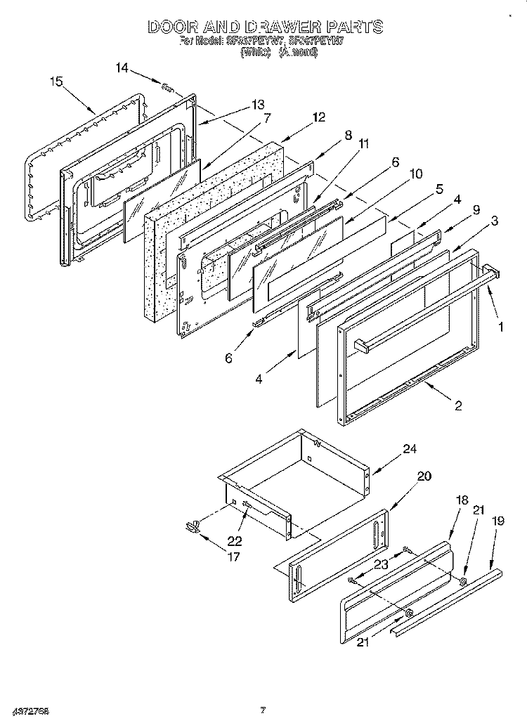 DOOR AND DRAWER Diagram and Parts List for SF367PEYW7  Whirlpool Range