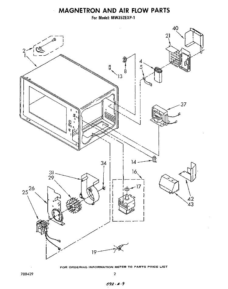 MAGNETRON AND AIR FLOW Diagram and Parts List for MW352EXP1  Whirlpool Microwave
