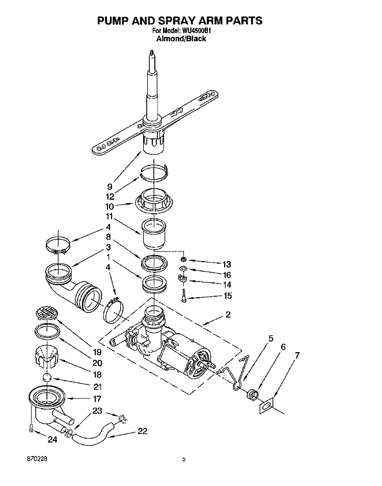 PUMP AND SPRAY ARM Diagram and Parts List for WU4500B1  Roper Dishwasher