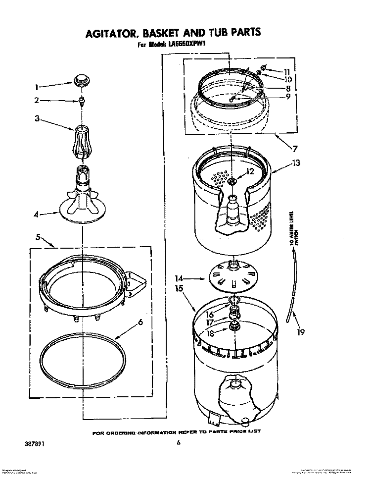 AGITATOR, BASKET AND TUB Diagram and Parts List for LA5550XPW1  Whirlpool Washer