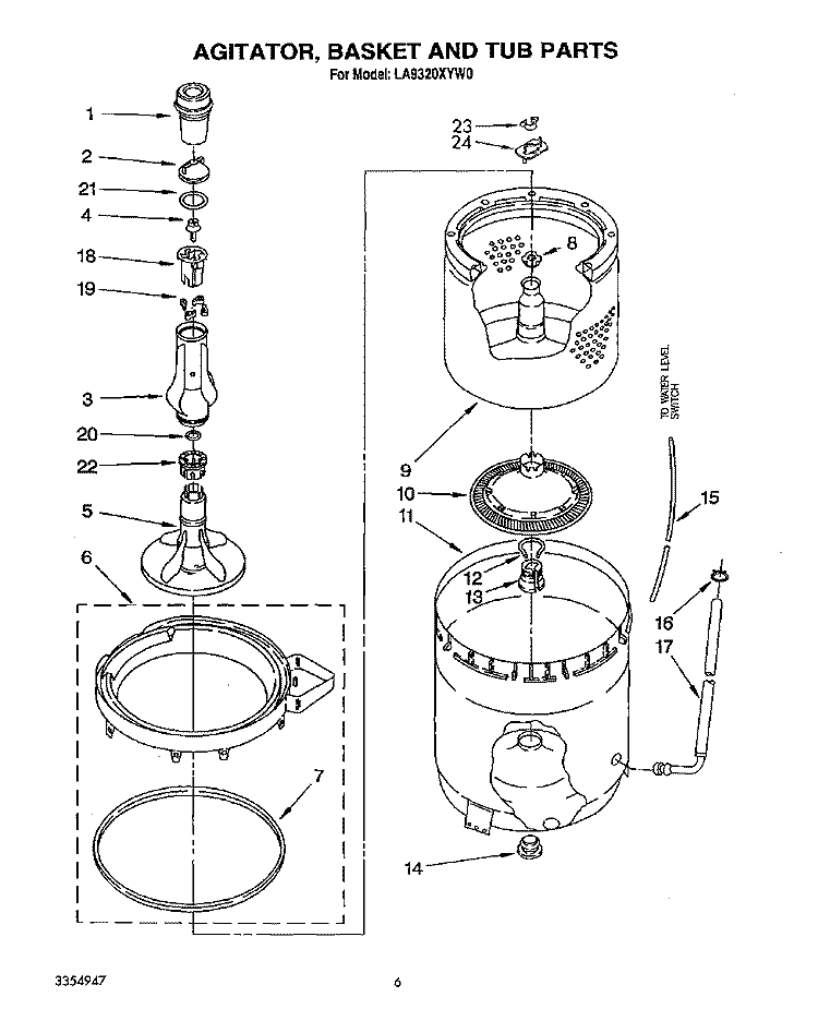 AGITATOR, BASKET AND TUB Diagram and Parts List for LA9320XYW0  Whirlpool Washer