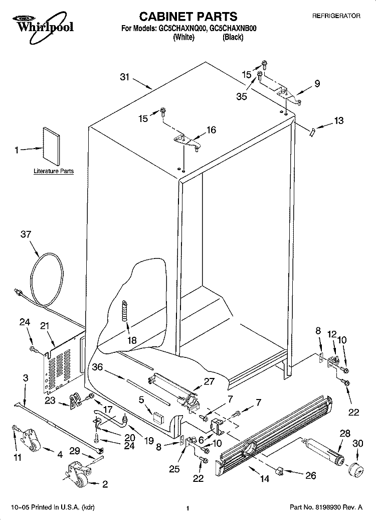CABINET PARTS Diagram and Parts List for GC5CHAXNB00  Whirlpool Refrigerator