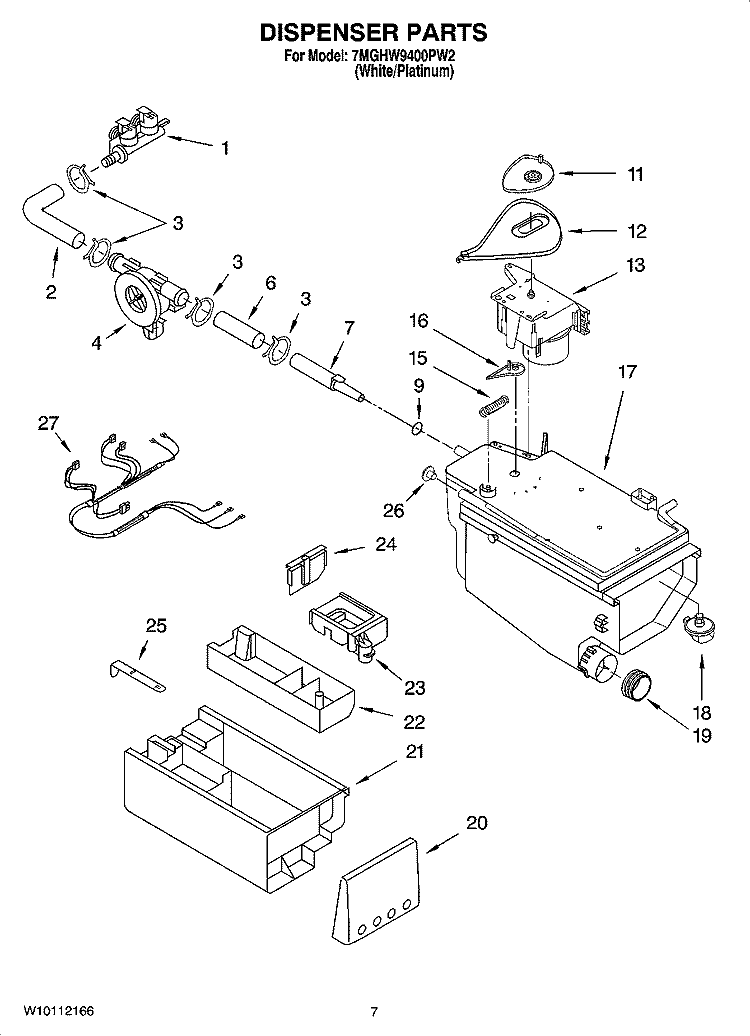 DISPENSER PARTS Diagram and Parts List for 7MGHW9400PW2  Whirlpool Washer