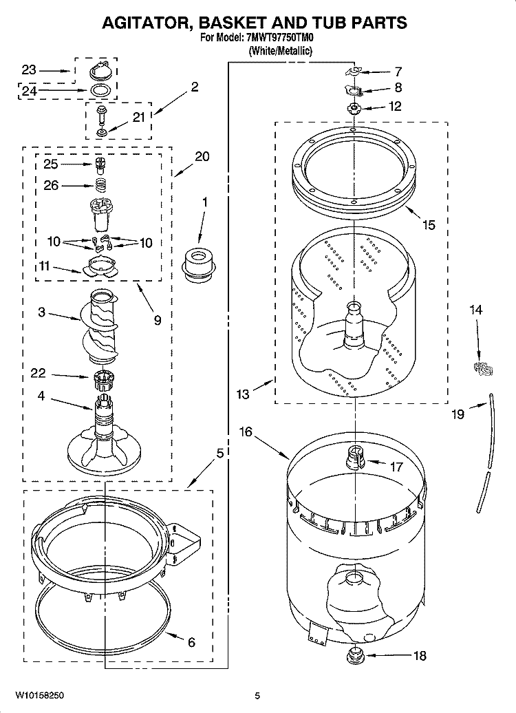 AGITATOR, BASKET AND TUB PARTS Diagram and Parts List for 7MWT97750TM0  Whirlpool Washer