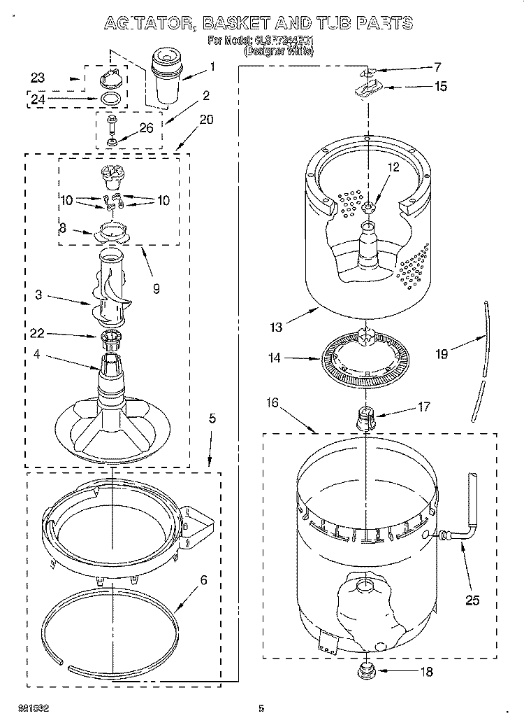 AGITATOR, BASKET AND TUB Diagram and Parts List for 6LSR7244EQ1  Whirlpool Washer